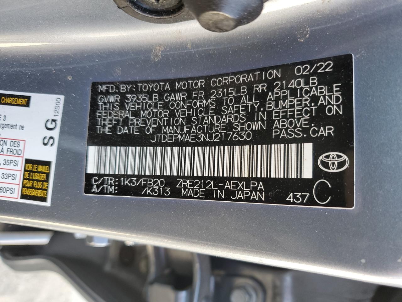 2022 TOYOTA COROLLA LE VIN:JTDEPMAE3NJ217630