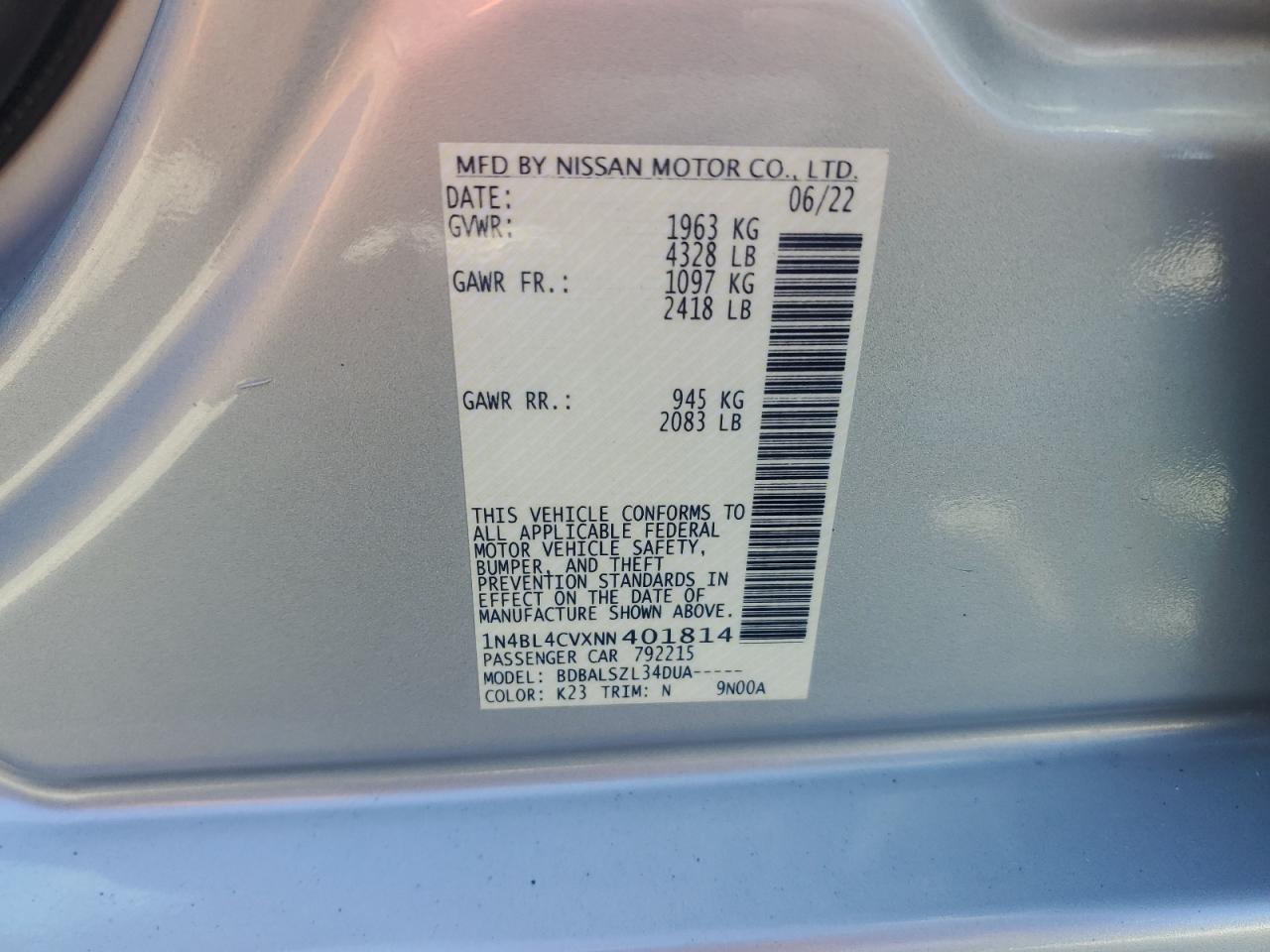 2022 NISSAN ALTIMA SR VIN:1N4BL4CVXNN401814