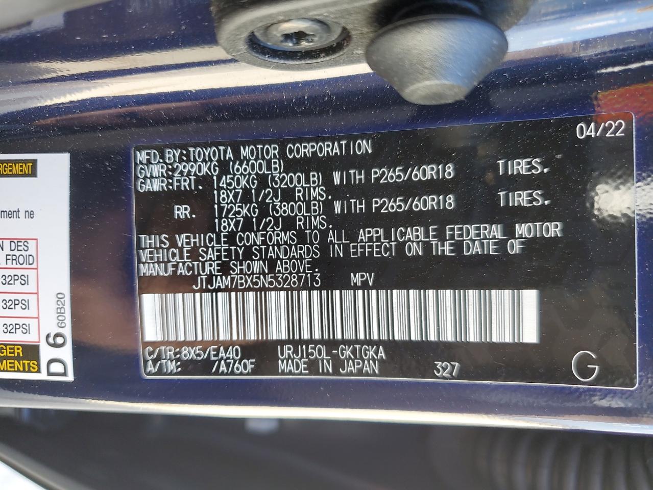 2022 LEXUS GX 460 VIN:JTJAM7BX5N5328713