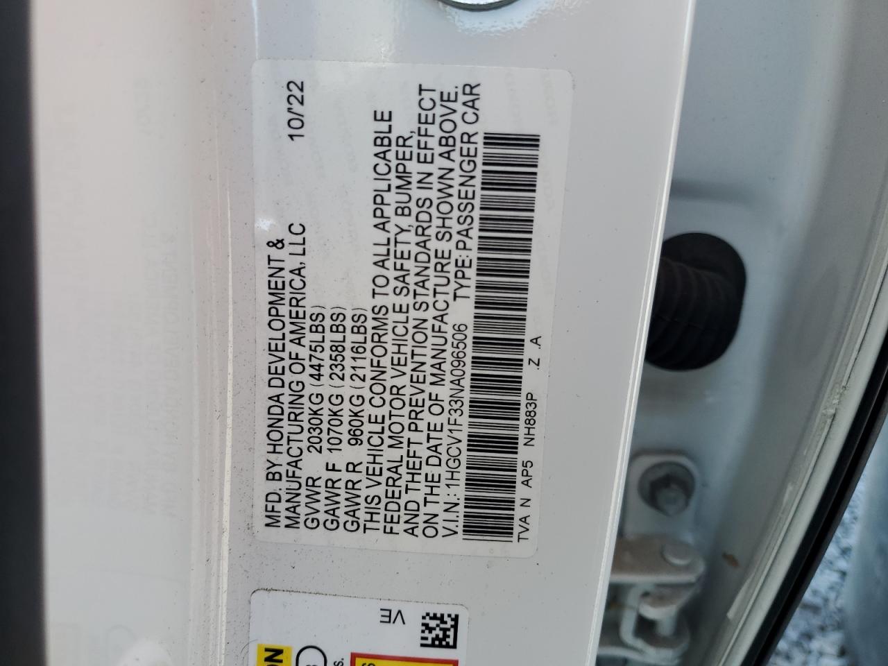 2022 HONDA ACCORD SPORT VIN:1HGCV1F33NA096506