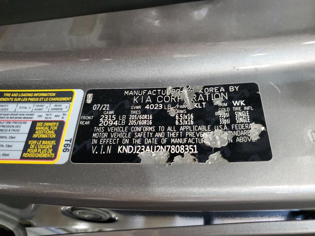 2022 KIA SOUL LX VIN:KNDJ23AU2N7808351