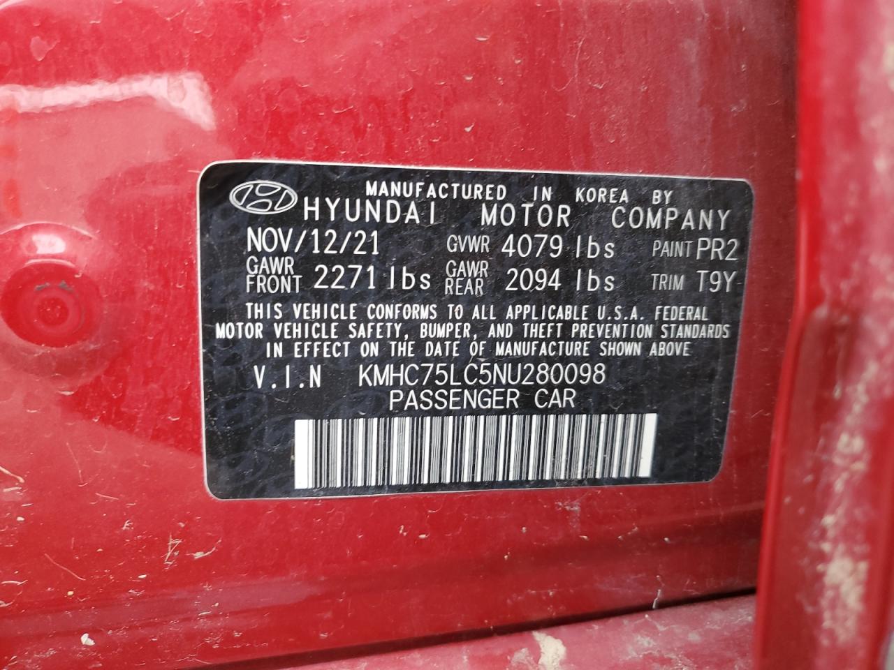 2022 HYUNDAI IONIQ SE VIN:KMHC75LC5NU280098