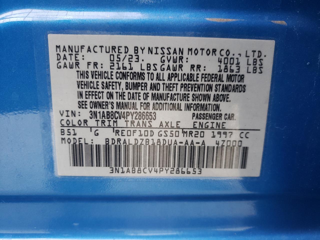 2023 NISSAN SENTRA SV VIN:3N1AB8CV4PY286653