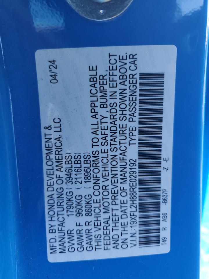 2024 HONDA CIVIC SPORT VIN:19XFL2H88RE029192