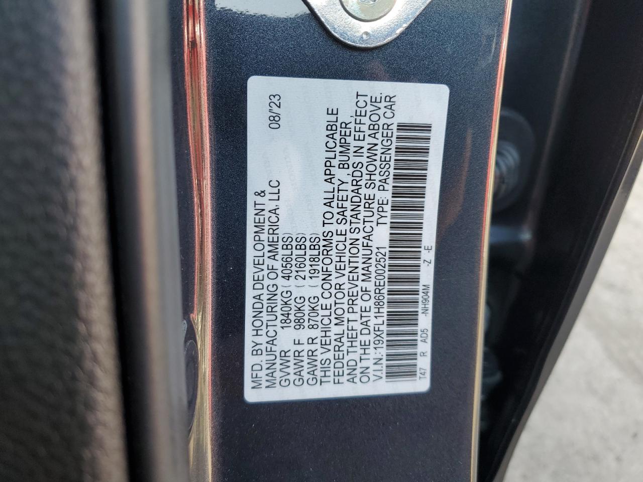 2024 HONDA CIVIC SPORT TOURING VIN:19XFL1H86RE002521