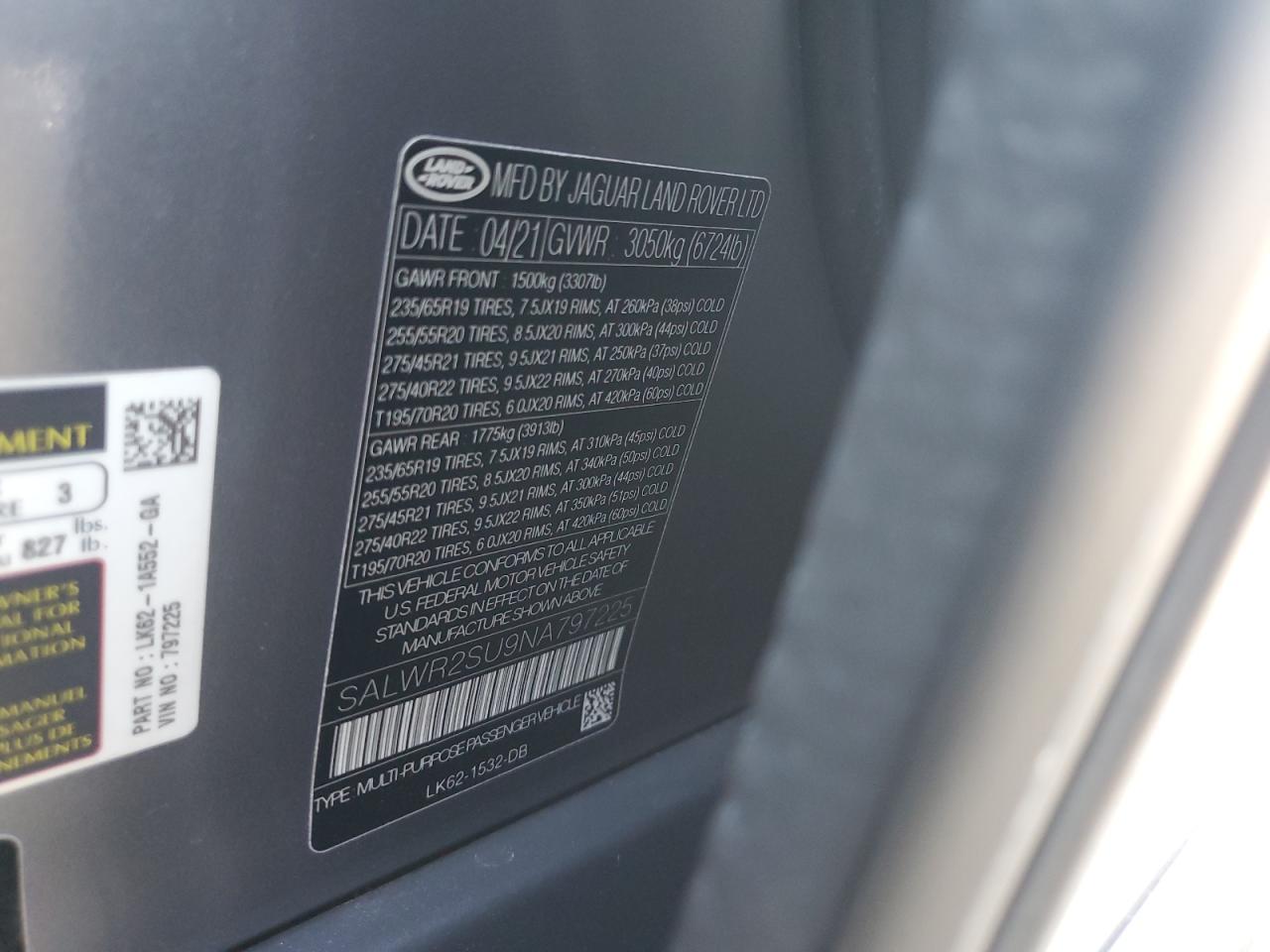 2022 LAND ROVER RANGE ROVER SPORT HSE SILVER EDITION VIN:SALWR2SU9NA797225