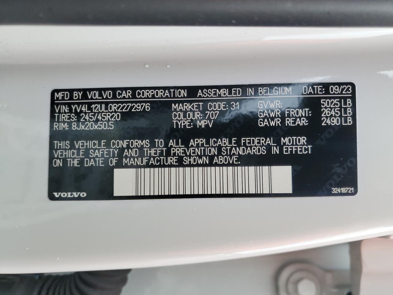 2024 VOLVO XC40 PLUS VIN:YV4L12UL0R2272976