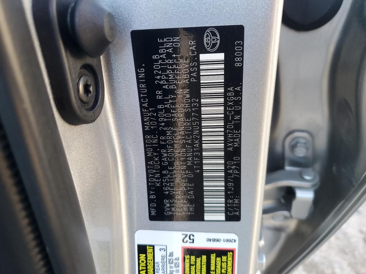 2022 TOYOTA CAMRY XLE VIN:4T1F31AK2NU577132