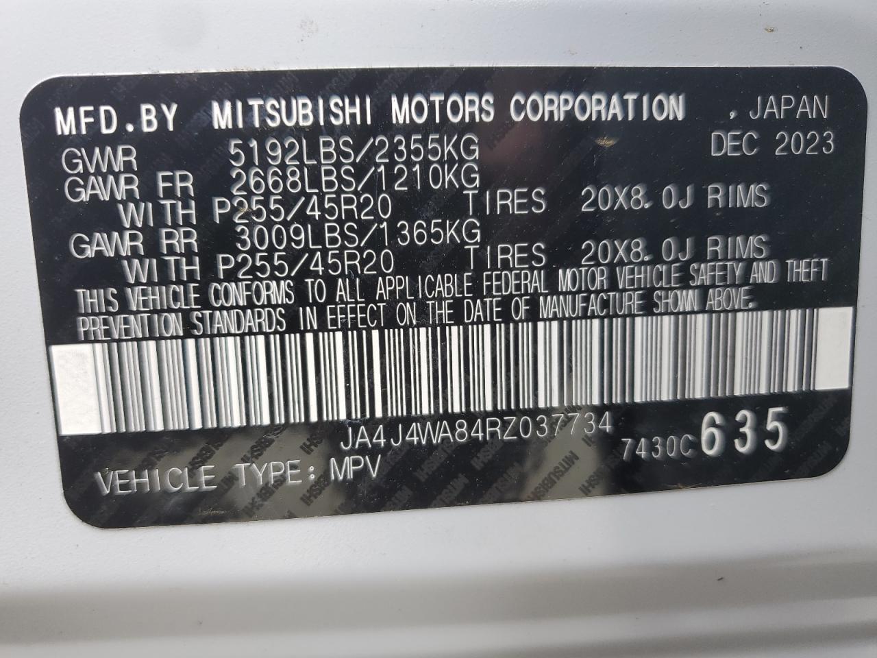 2024 MITSUBISHI OUTLANDER SEL VIN:JA4J4WA84RZ037734