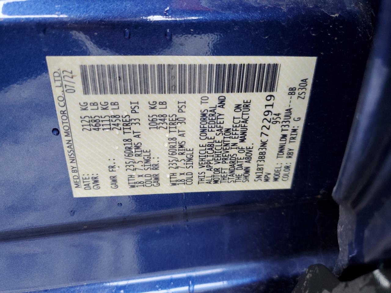 2022 NISSAN ROGUE SV VIN:5N1BT3BB3NC722919