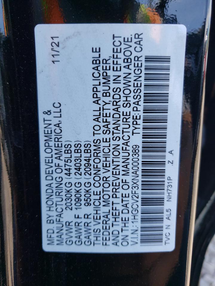 2022 HONDA ACCORD SPORT VIN:1HGCV2F3XNA000389