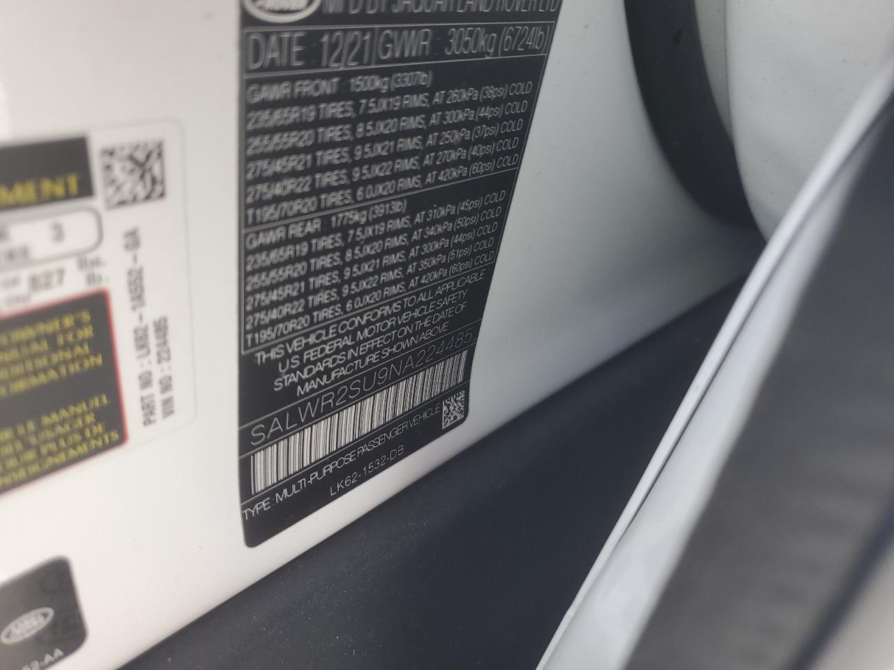 2022 LAND ROVER RANGE ROVER SPORT HSE SILVER EDITION VIN:SALWR2SU9NA224485