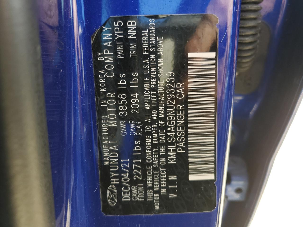 2022 HYUNDAI ELANTRA SEL VIN:KMHLS4AG9NU293239