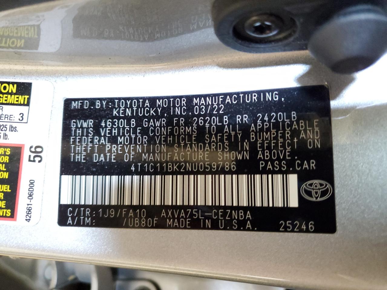 2022 TOYOTA CAMRY LE VIN:4T1C11BK2NU059786