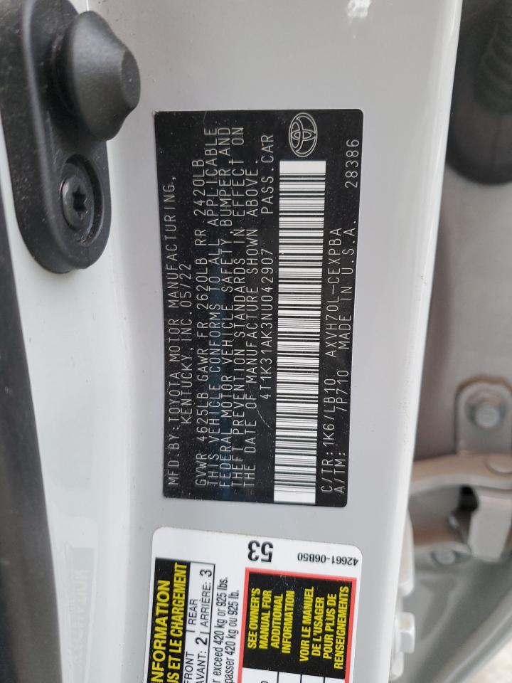 2022 TOYOTA CAMRY XSE VIN:4T1K31AK3NU042907