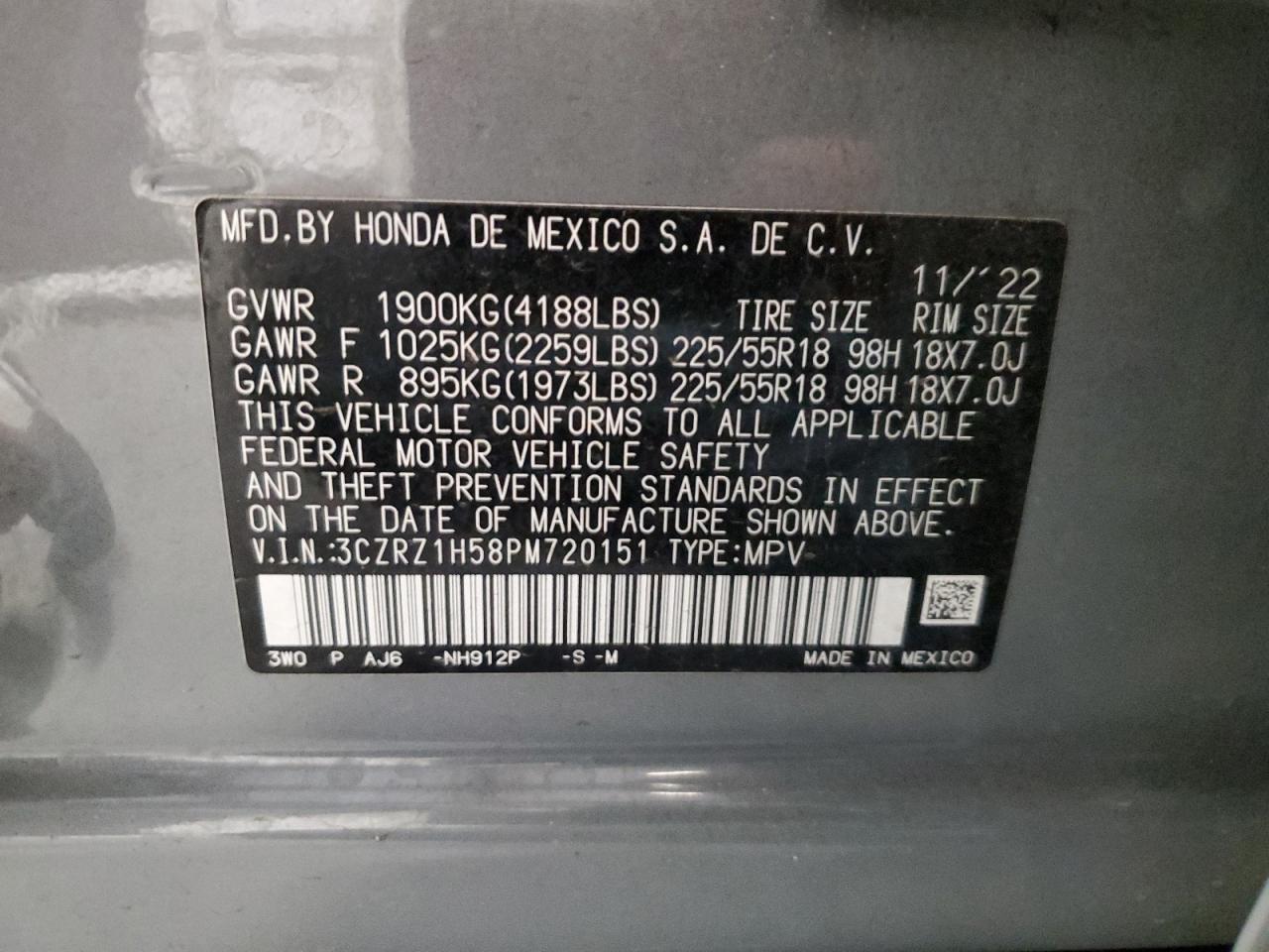 2023 HONDA HR-V SPORT VIN:3CZRZ1H58PM720151
