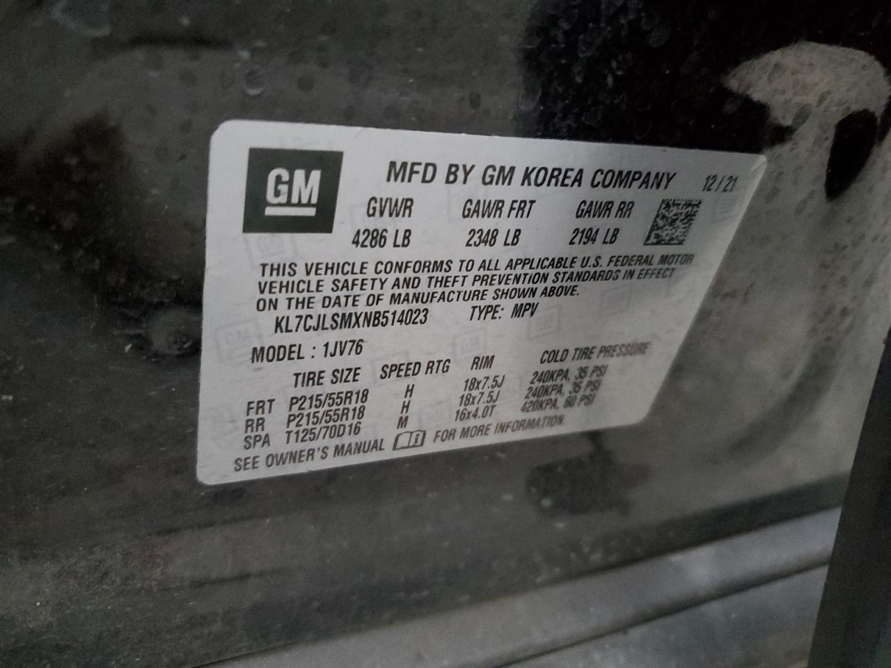 2022 CHEVROLET TRAX 1LT VIN:KL7CJLSMXNB514023