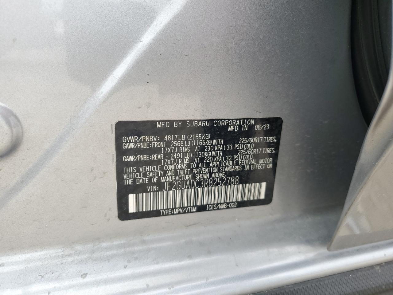 2024 SUBARU CROSSTREK PREMIUM VIN:JF2GUADC3R8252788