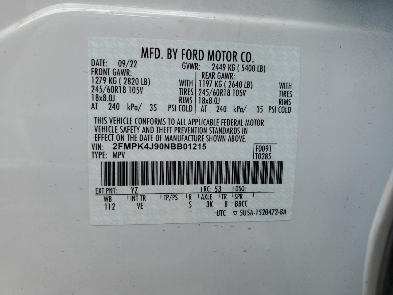 2022 FORD EDGE SEL VIN:2FMPK4J90NBB01215