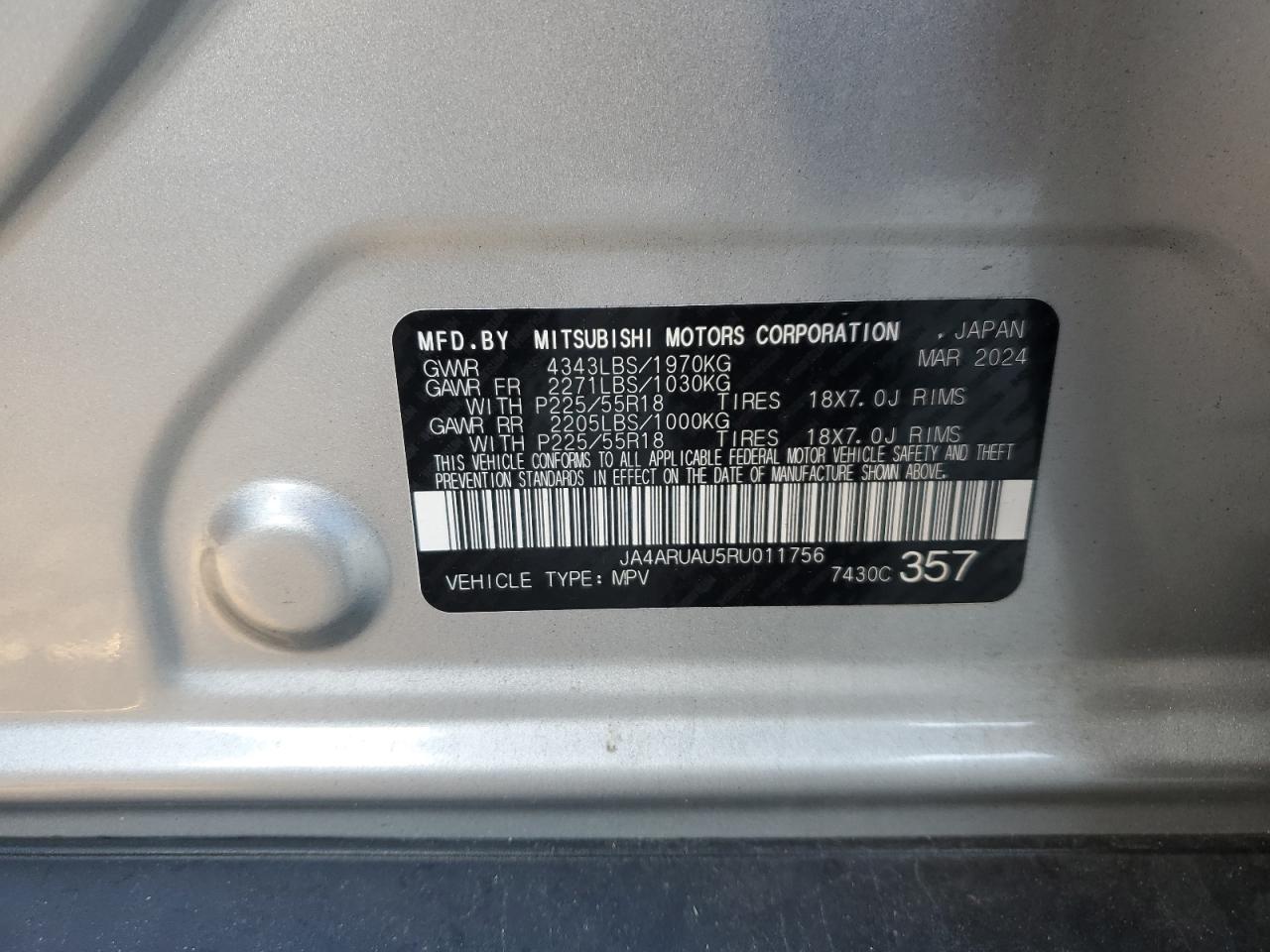 2024 MITSUBISHI OUTLANDER SPORT S/SE VIN:JA4ARUAU5RU011756