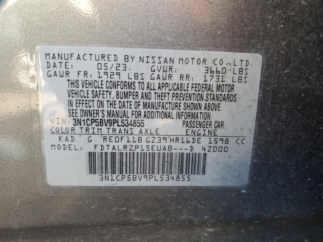 2023 NISSAN KICKS S VIN:3N1CP5BV9PL534855