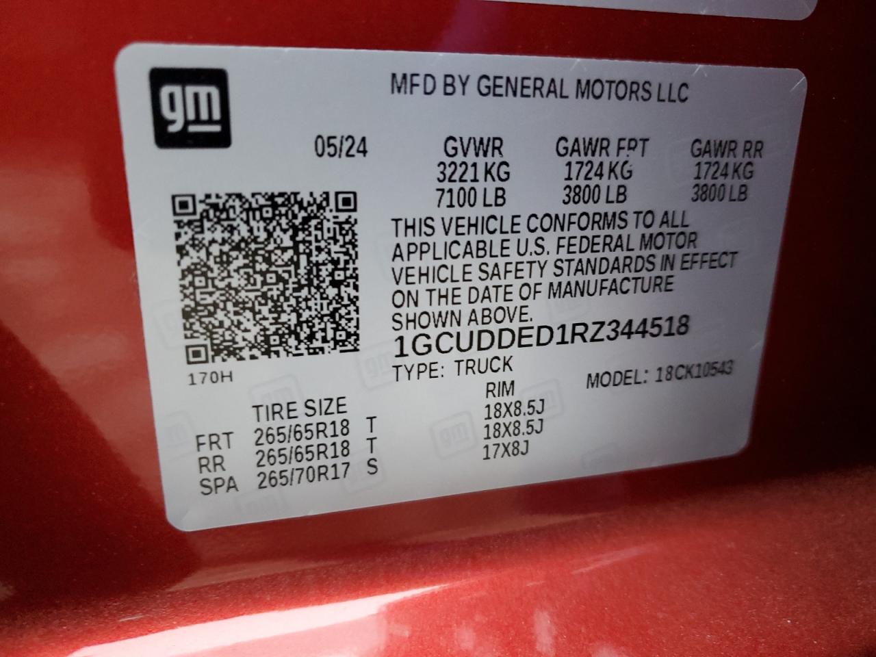 2024 CHEVROLET SILVERADO K1500 LT VIN:1GCUDDED1RZ344518