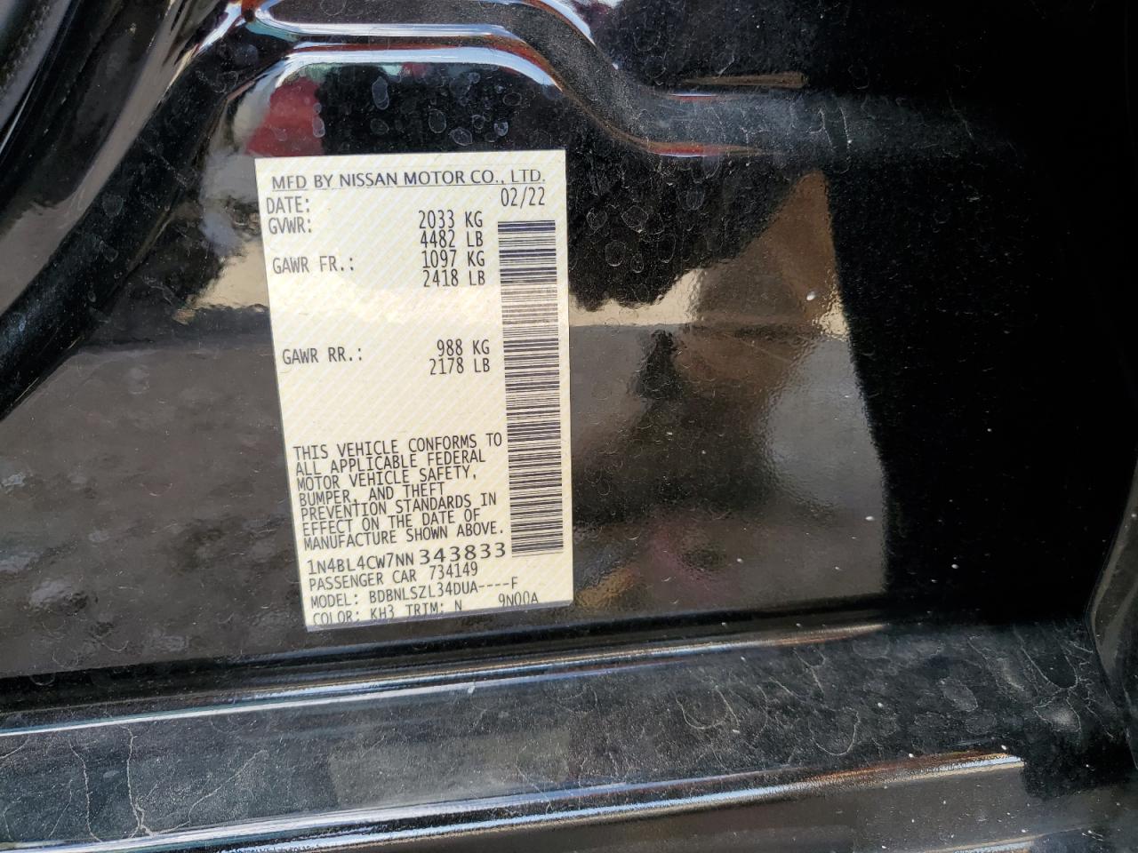 2022 NISSAN ALTIMA SR VIN:1N4BL4CW7NN343833