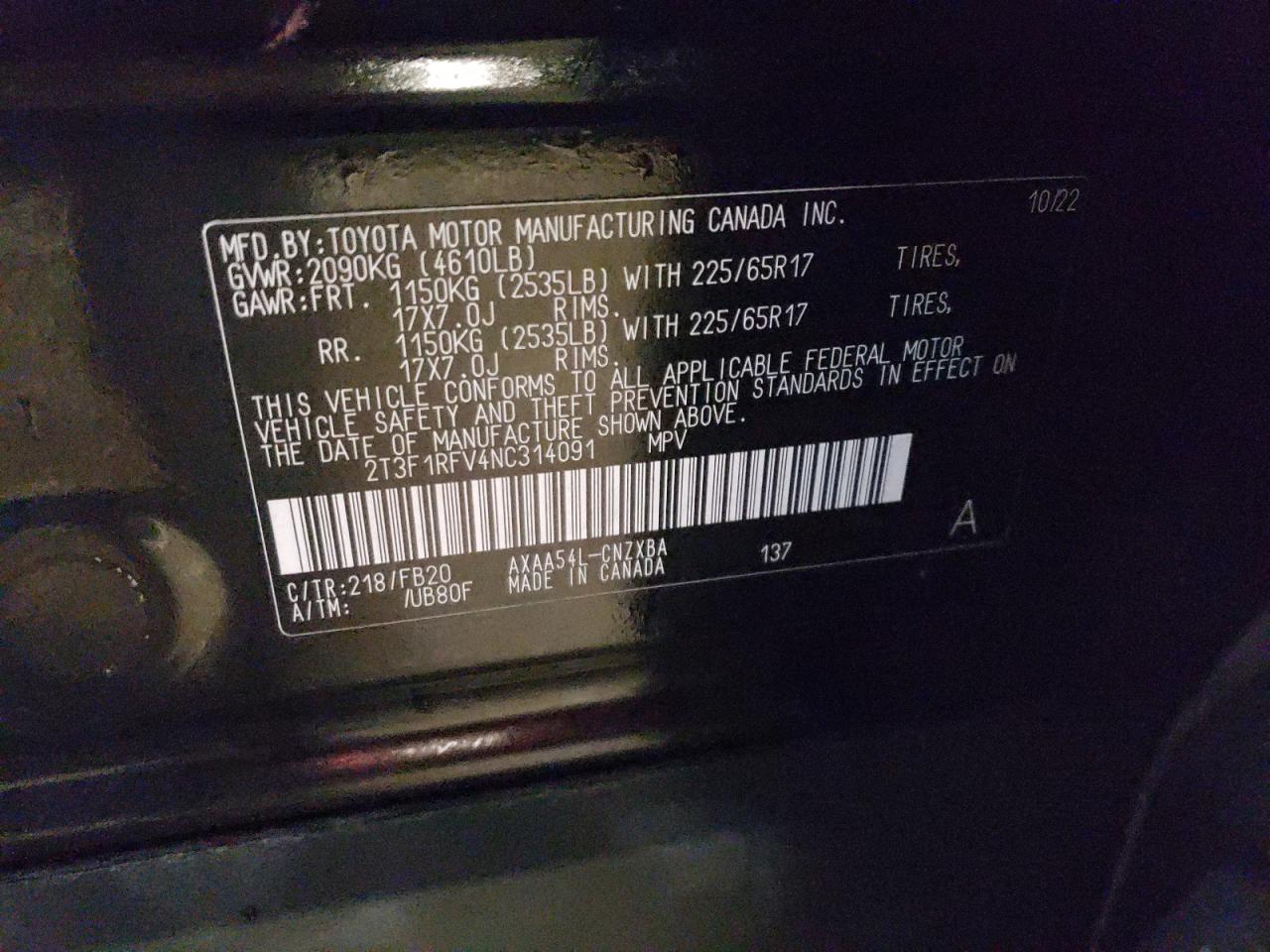 2022 TOYOTA RAV4 LE VIN:2T3F1RFV4NC314091