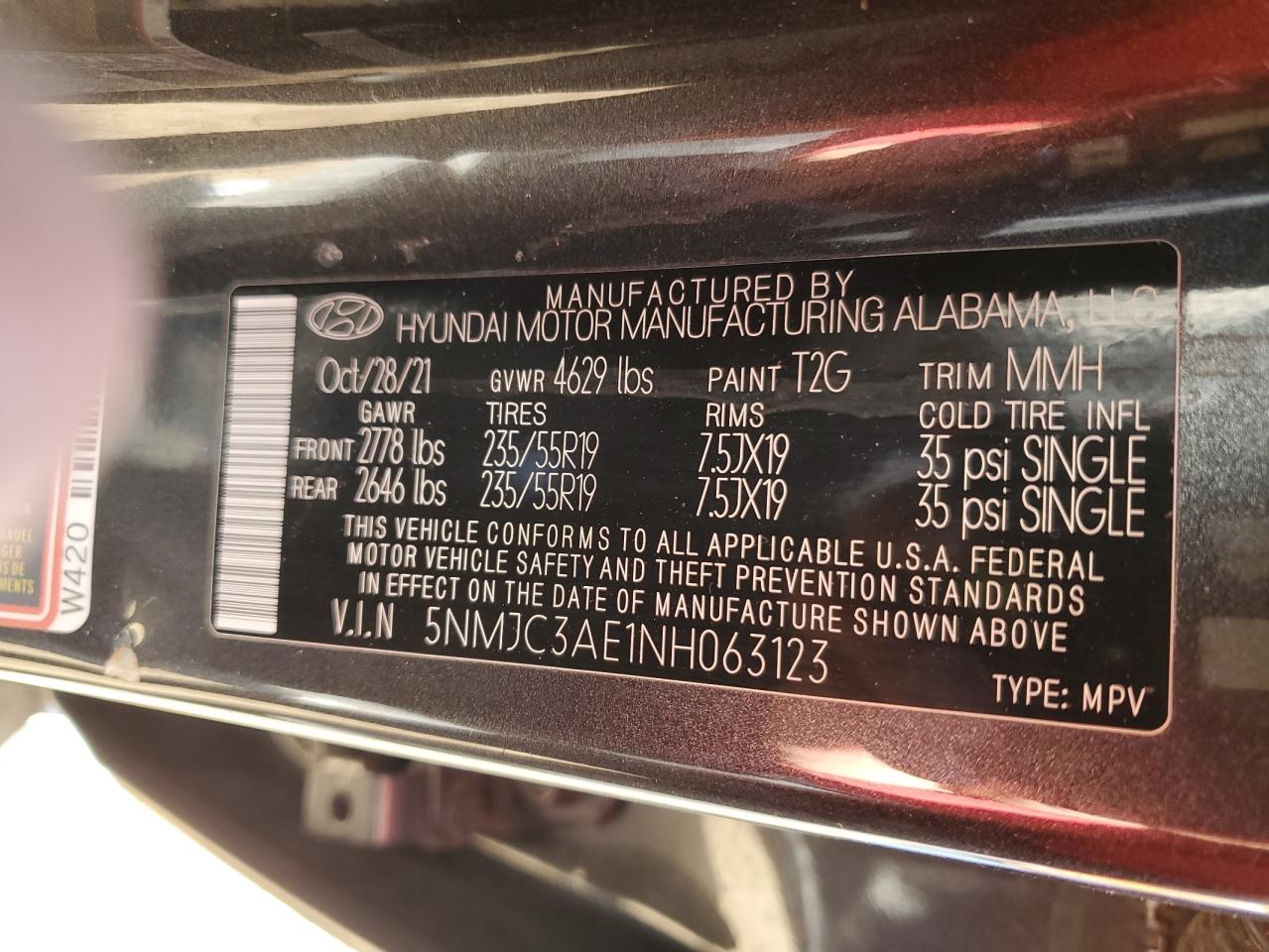 2022 HYUNDAI TUCSON SEL VIN:5NMJC3AE1NH063123