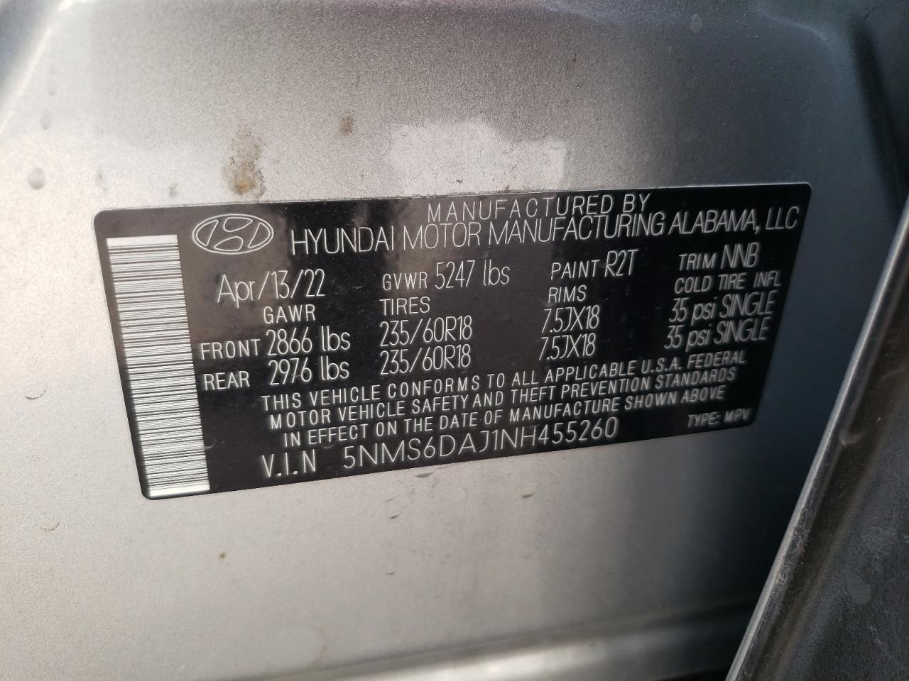 2022 HYUNDAI SANTA FE SEL VIN:5NMS6DAJ1NH455260