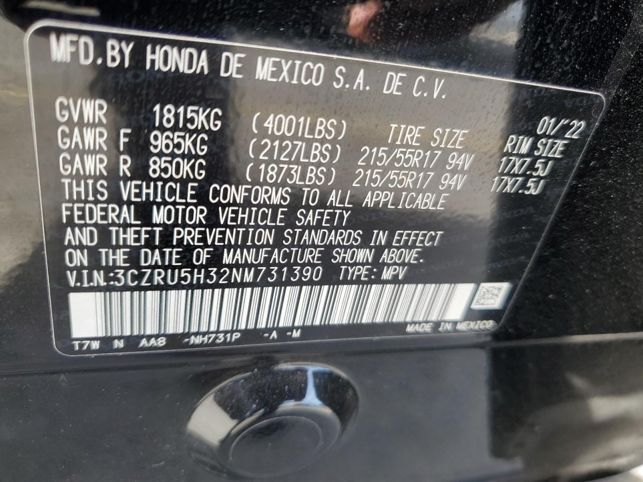 2022 HONDA HR-V LX VIN:3CZRU5H32NM731390