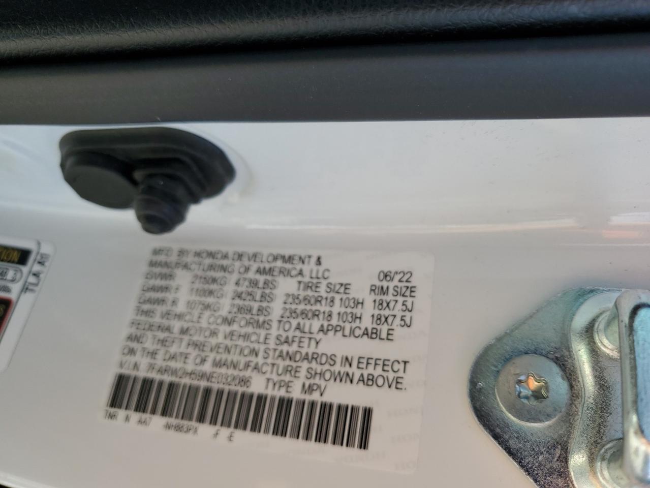 2022 HONDA CR-V EX VIN:7FARW2H59NE032086