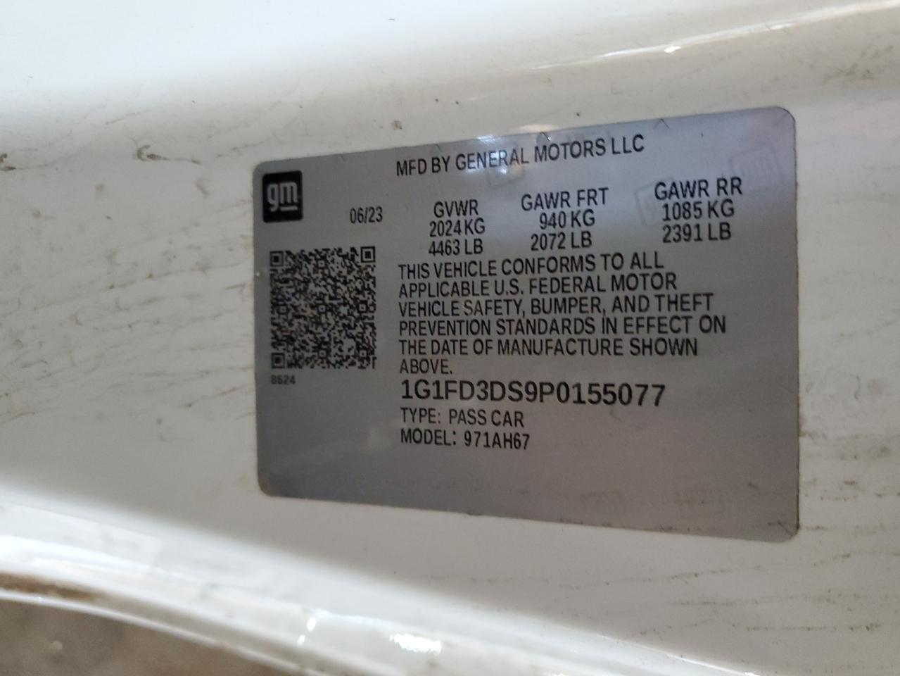 2023 CHEVROLET CAMARO LT VIN:1G1FD3DS9P0155077