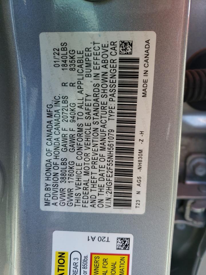 2022 HONDA CIVIC SPORT VIN:2HGFE2F55NH561079
