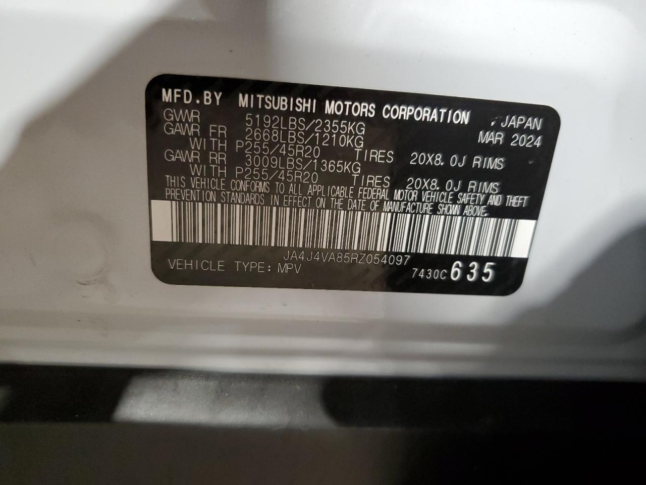 2024 MITSUBISHI OUTLANDER SE VIN:JA4J4VA85RZ054097