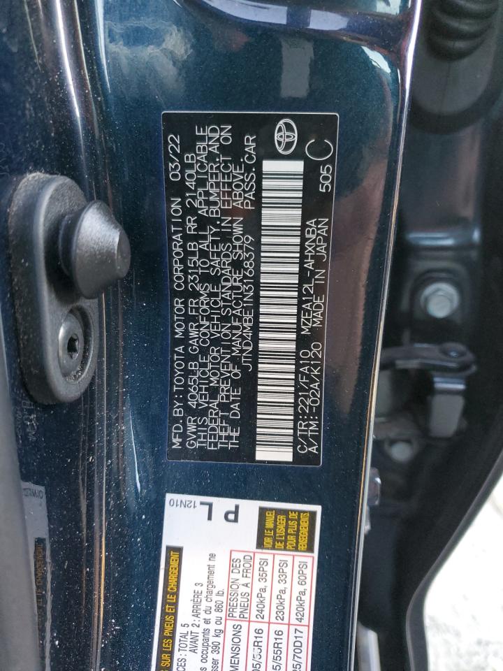 2022 TOYOTA COROLLA SE VIN:JTND4MBE1N3168379