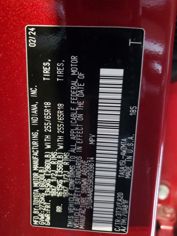 2024 TOYOTA GRAND HIGHLANDER XLE VIN:5TDAAAB55RS039614