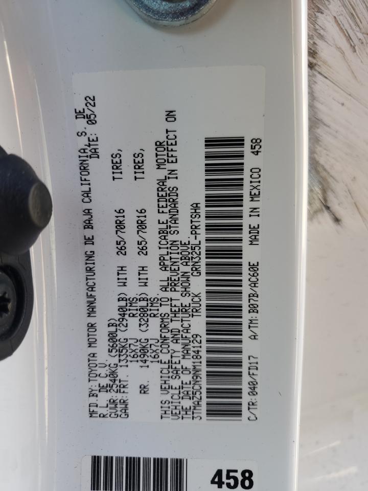 2022 TOYOTA TACOMA DOUBLE CAB VIN:3TMAZ5CN9NM184129