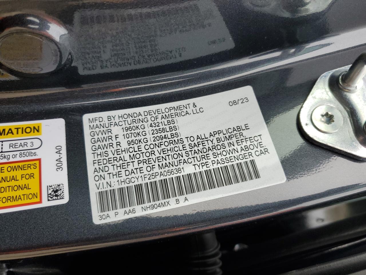 2023 HONDA ACCORD LX VIN:1HGCY1F25PA056381