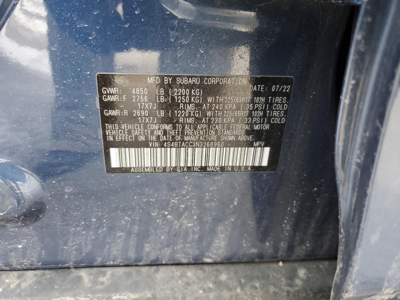 2022 SUBARU OUTBACK PREMIUM VIN:4S4BTACC3N3268960