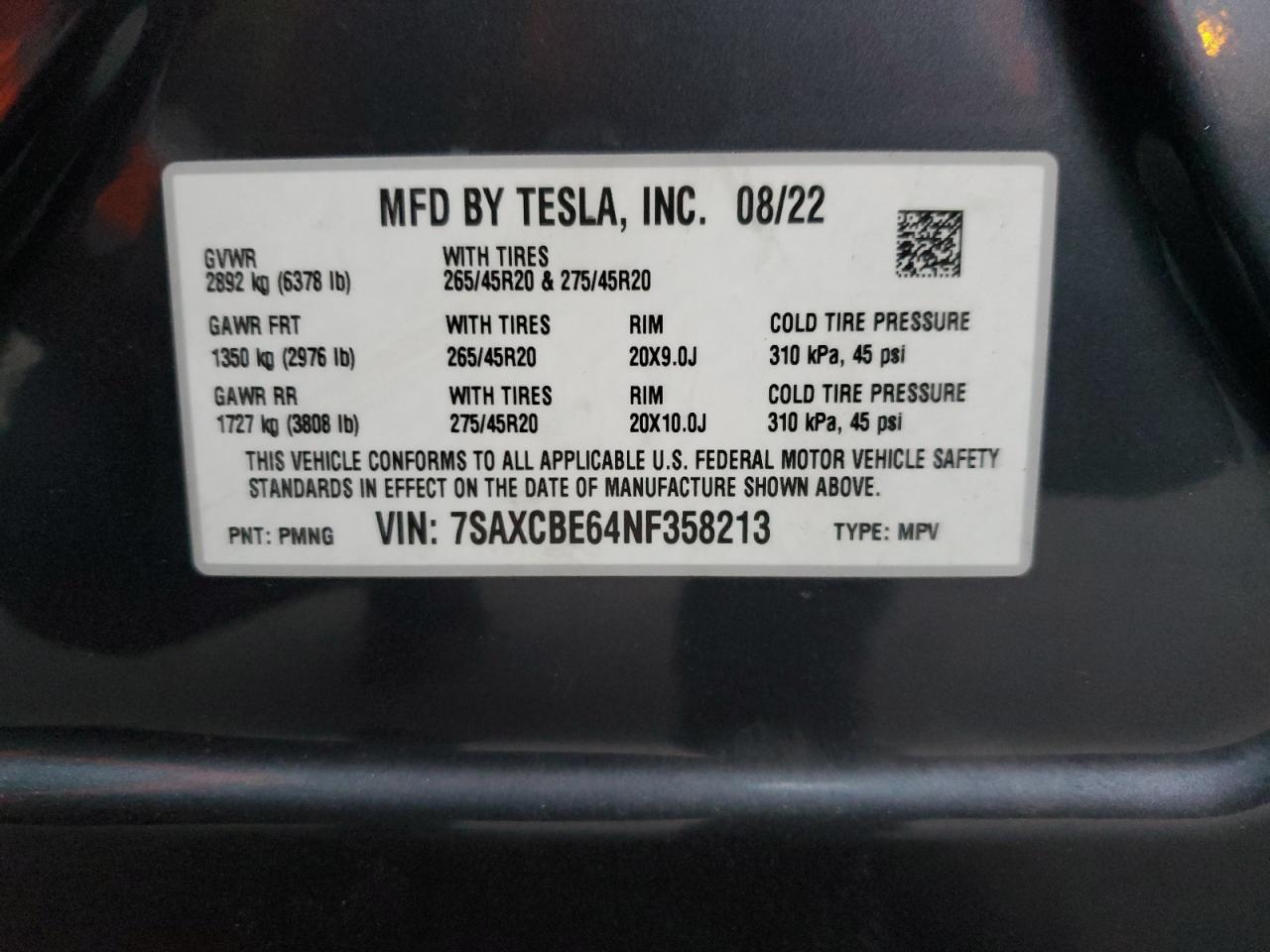 2022 TESLA MODEL X  VIN:7SAXCBE64NF358213
