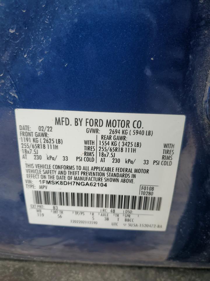 2022 FORD EXPLORER XLT VIN:1FMSK8DH7NGA62104