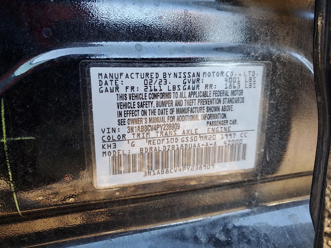 2023 NISSAN SENTRA SV VIN:KL77LFE20RC077303