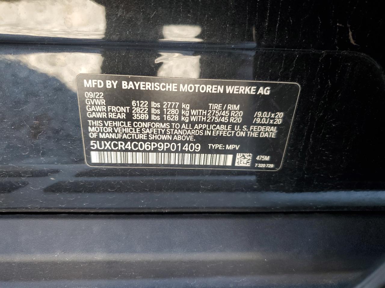 2023 BMW X5 SDRIVE 40I VIN:5UXCR4C06P9P01409