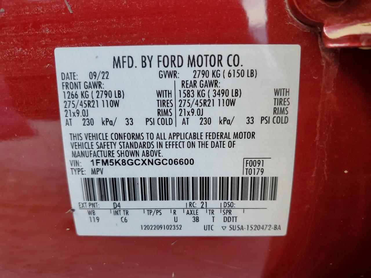 2022 FORD EXPLORER ST VIN:1FM5K8GCXNGC06600