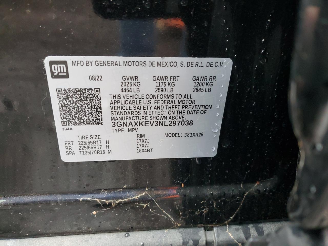 2022 CHEVROLET EQUINOX LT VIN:3GNAXKEV3NL297038