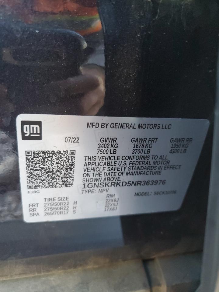 2022 CHEVROLET TAHOE K1500 RST VIN:1GNSKRKD5NR363976