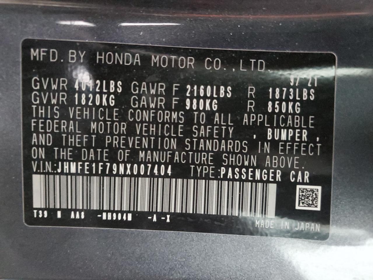 2022 HONDA CIVIC EX VIN:JHMFE1F79NX007404