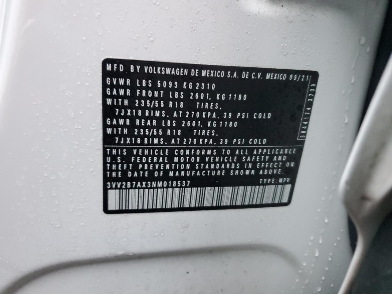2022 VOLKSWAGEN TIGUAN SE VIN:3VV2B7AX3NM018537