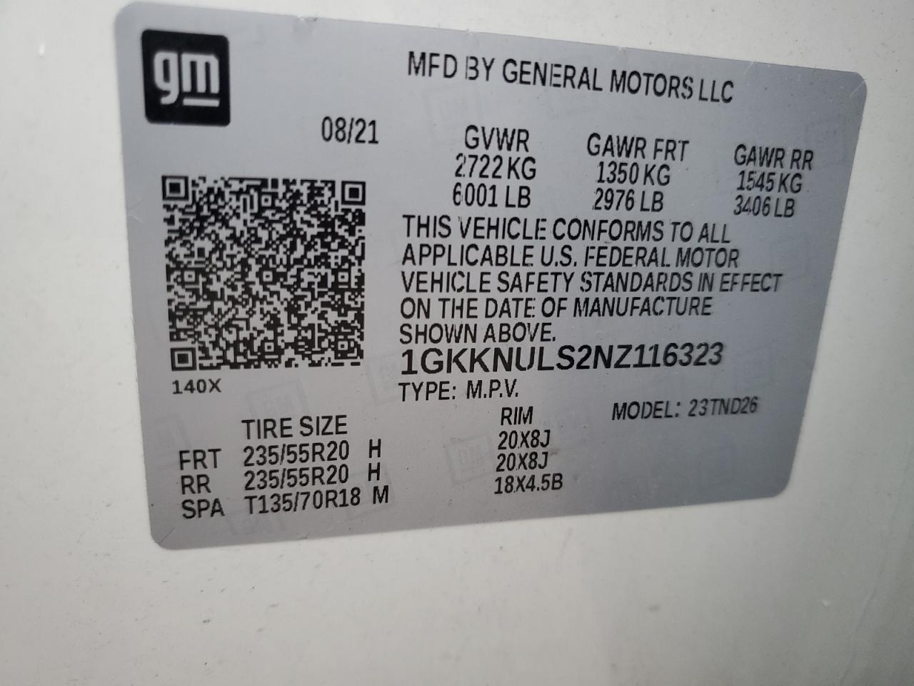 2022 GMC ACADIA SLT VIN:1GKKNULS2NZ116323
